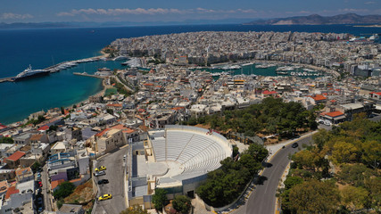 Aerial drone photo of famous ancient style theater of Veakio above round port of Mikrolimano and Zea, Piraeus, Attica, Greece