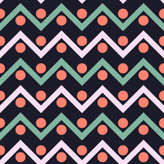 Bright dots and zigzags on a black background. Seamless geometric background.