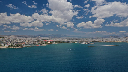 Naklejka na ściany i meble Aerial drone photo of famous round port of Mikrolimano in urban seascape of Piraeus, Attica, Greece