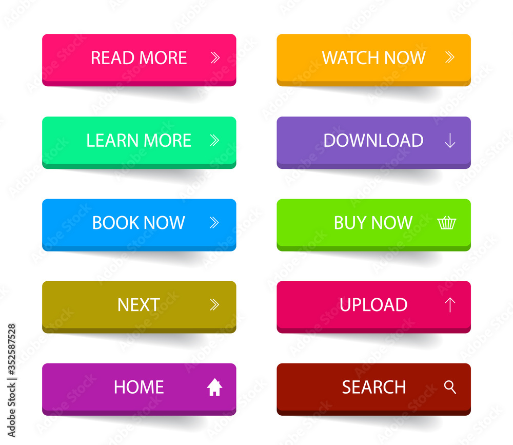 Poster flat web button for design ui. action call icon for navigation in app. graphic buttons with learn mo