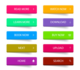 Flat web button for design ui. Action call icon for navigation in app. Graphic buttons with learn more, read, download text for menu on website page. Infographic sign collection. vector