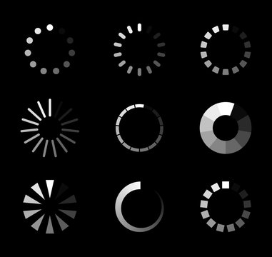 Loader Icon For Time Of Upload In Website. Progress Of Download Symbol On Internet Page. Wait Button For Video. Data Processing Icons. Status Of Downloading Sign In Web On Computer. Design Vector.