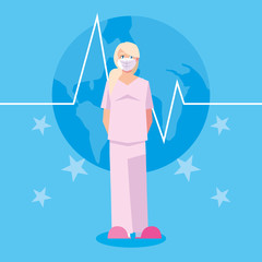 Woman doctor with mask in front of pulse and stars vector design