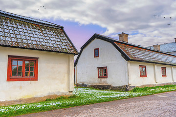 Houses in Gysinge. Swedish countryside. Scandinavian landscape. Snow in May. Sweden