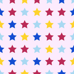 Stars of different colors on a light pink background. Seamless pattern.