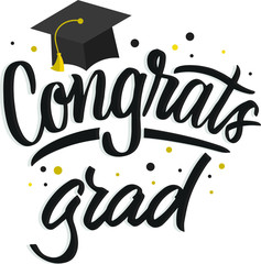 Hand Lettering congrats grad with illustration of master hat. Modern calligraphy.