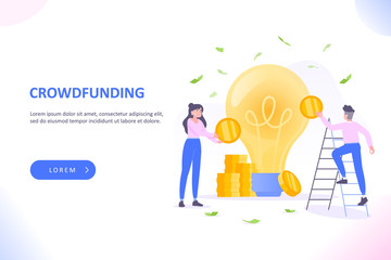Crowdfunding or charity concept. Tiny people putting money into light bulb. Investment into startup or idea concept. Vector illustration for web banner or landing page
