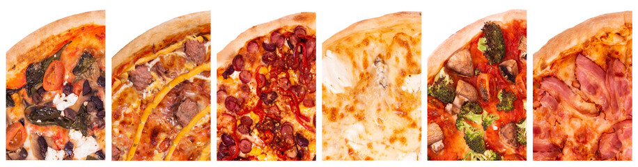 Set or collage of different kind of pizza, edge view, isolated on white background. Food banner, close up view, macro