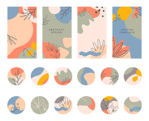Bundle of editable insta story templates and highlights covers.Vector layouts with hand drawn organic shapes and textures.Abstract backgrounds.Trendy design for social media marketing.Social media kit