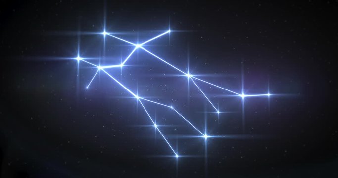 Zodiac signs Gemini constellation made of bright stars is connected by lines. Star zodiac sign animation on black background.