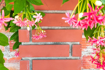 Beautiful background of closeup red brown brick wall with green pink flowers on sides. With copy space ideal for use in the design or wallpaper
