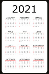 Calendar 2021 yearly. Week starts on Sunday. Vector illustration.	