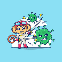 Illustration Vector Graphic of Cute Monkey VS COVID-19 or Coronavirus Concept.. Goods for Healthy or Medical Posters and Presentations..