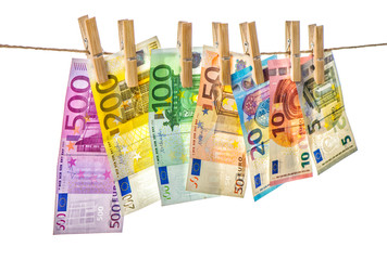 Money background Euro banknotes hanging - obrazy, fototapety, plakaty