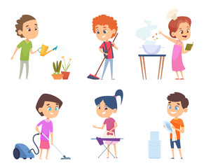 Kids housework. Childrens helping to their parents cleaning windows showering collect toys vector cartoon characters. Illustration housework cleaning, cartoon character vacuuming