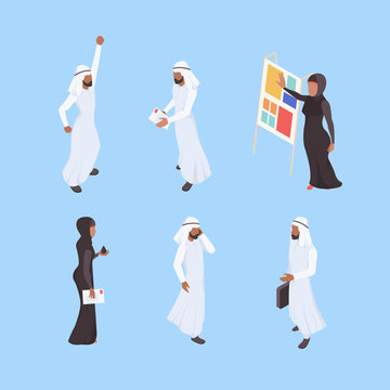Muslim isometric. Business arabic characters working office managers male female dubai workers vector persons. People muslim, businessman arabic saudi illustration