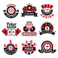 Fototapeta premium Casino badges. Gambling poker game chips dice images cards vector emblems set. Poker casino and gambling emblem illustration