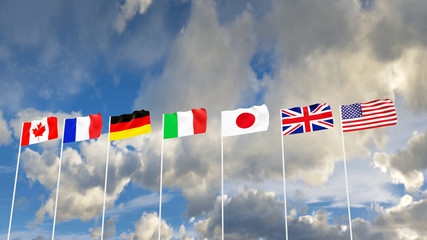G7 flags Silk waving flags of countries of Group of Seven Canada Germany Italy France Japan USA states United Kingdom with a flagpole on a sunny blue sky background with white clouds 3D rendering