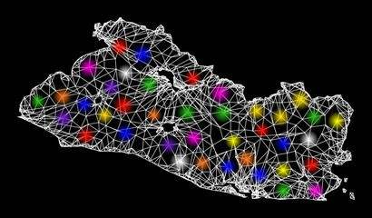 Web mesh vector map of El Salvador with glitter effect on a black background. Abstract lines, light spots and small circles form map of El Salvador constellation.