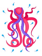 Cute octopus in pink and violet colors among turquoise fish on white background. Sea creature cartoon illustration. Graphics for t-shirt, poster, invitation or card design