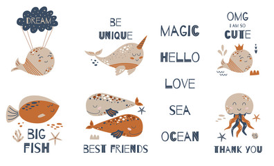 Kids whale illustration. Baby ocean animal set. Cute cute water animals. Cute baby quotes. Posters baby room vector © Tani Kuzminka