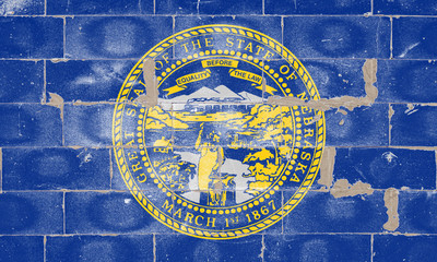 National flag of USA of state of Nebraska is a blue panel with an image in center of state seal, made in gold and silver on Independence Day on a cracked brick wall on the street in idea of ​​graffiti