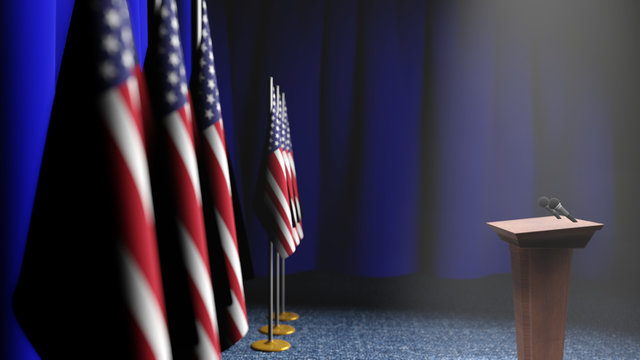 Press conference of president of USA concept, Politics of USA. Podium speaker tribune with Germany flags and coat arms. 3d rendering blue background