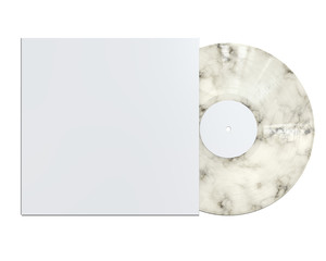 White Marbled Vinyl Disc Mock Up. Modern LP Vinyl Record with White Cover Sleeve and White Label Isolated on White Background. 3D Render.