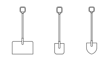 A set of three black and white icons of building aggro-beautiful snow shovels, bayonet shovels with wooden handles for digging the ground. Garden tools on a white background. Vector illustration