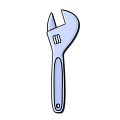 Construction blue icon metal adjustable wrench with adjustable diameter designed to loosen and tighten the bolts and nuts. Construction metalwork tool. Vector