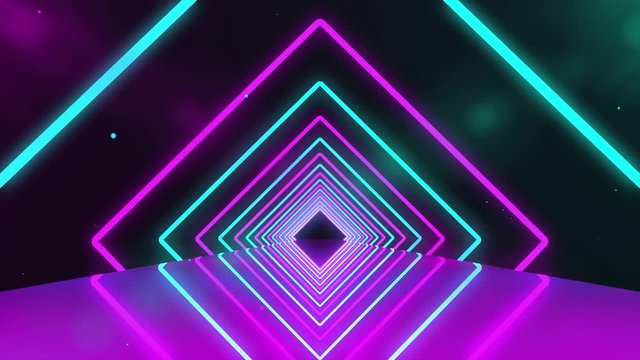 Futuristic neon tunnel with purple lights with particles. Abstract 3d animation of glowing neon bright lines geometric shapes and mirror reflection