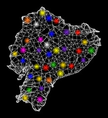 Web mesh vector map of Ecuador with glare effect on a black background. Abstract lines, light spots and spheric points form map of Ecuador constellation.