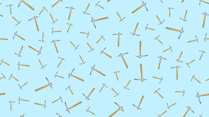 Texture, seamless abstract pattern of construction miner pickaxe with a wooden handle for repair, mining, excavation on a light blue background. Vector illustration