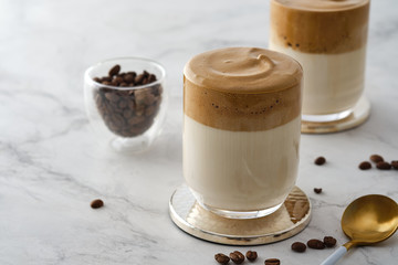 Dalgona coffee or whipped instant coffee. Dalgon coffee is a trendy drink from Korea. New popular food and drink trend.