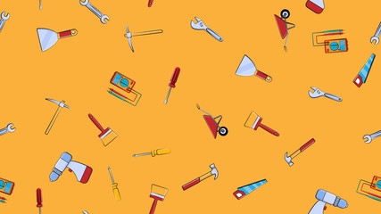 Texture, seamless pattern of a set of construction tools for repair: hammer, shovel, screwdriver, wrench, tester, brush, saw, trolley, trowel, ladder on a yellow background. Vector illustration
