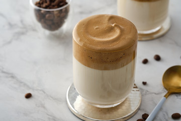 Dalgona coffee or whipped instant coffee. Dalgon coffee is a trendy drink from Korea. New popular food and drink trend.