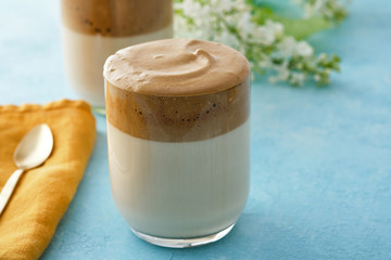 Dalgona coffee or whipped instant coffee. Dalgon coffee is a trendy drink from Korea. New popular food and drink trend.