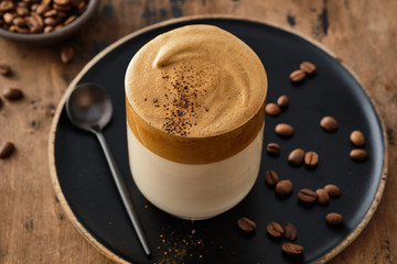 Dalgona coffee or whipped instant coffee. Dalgon coffee is a trendy drink from Korea. New popular food and drink trend.