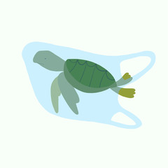 Poster,banner,card. Hand drawn vector flat illustation.Turtle in a plastic bag.Stop ocean pollution concept.