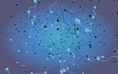 Neural network. Social network. Futuristic blue background. Abstract molecule, cell illustration, mycelium. Hi tech purple background. 3D illustration