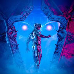 Overlord of Titan / 3D illustration of science fiction cyborg preparing to face evil giant robot - obrazy, fototapety, plakaty
