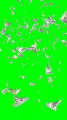 Flying dollars banknotes isolated on chromakey. Money is flying in the air. 100 US banknotes new sample. Vertical orientation. 3D illustration