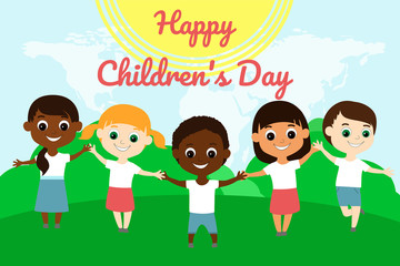 Cute little happy children of different nationalities stand on the green grass under the blue sky and hold hands. Behind the world map. Cartoon style for International Children's Day banner.