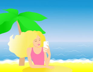 Young beautiful girl taking selfie on the beach using smartphone. Sea holiday under a palm tree on the beach among the blue waves. Vector illustration.