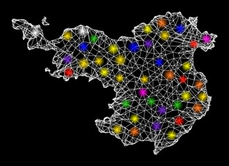 Web mesh vector map of Gerona Province with glare effect on a black background. Abstract lines, light spots and small circles form map of Gerona Province constellation.