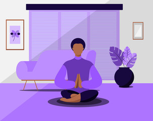 Vector of a illustration of a afro-american woman sitting in the floor practic meditation.