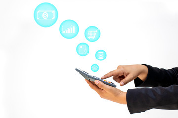 Business women who hold calculators and use calculators, including financial icons on a white background, financial concepts and financial accounting.