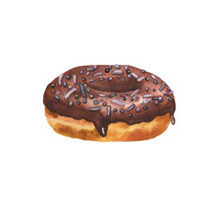 Cute cocoa donut with chocolate sprinkles isolated on white background. Hand drawn watercolor illustration.