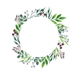 Decorative leaves and berries frame on white background. Hand drawn watercolor illustration.