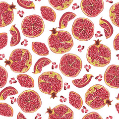 Seamless pattern with fresh red pomegranate slices on white background. Hand drawn watercolor illustration.